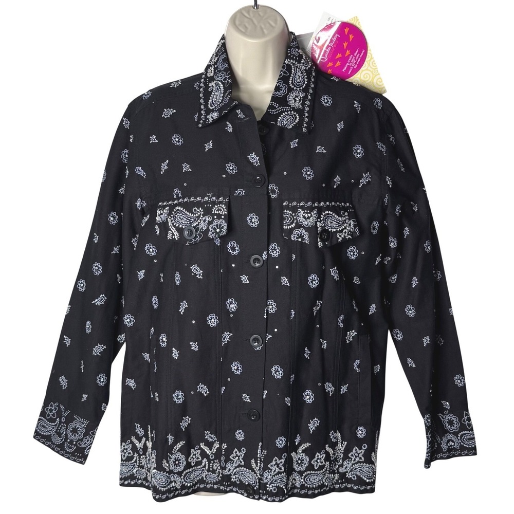 New Quacker Factory Denim Jacket Sz M Black Bandana Beaded Boho Western Bling